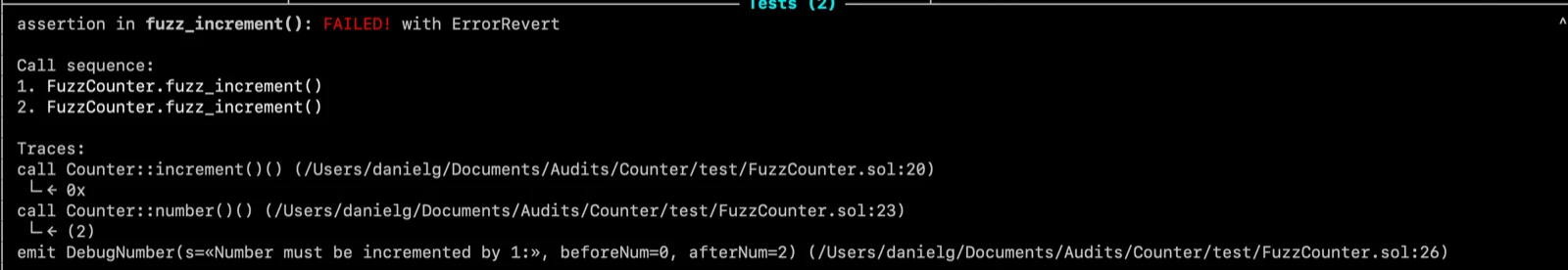 Echidna debug output showing the DebugNumber event with before and after values